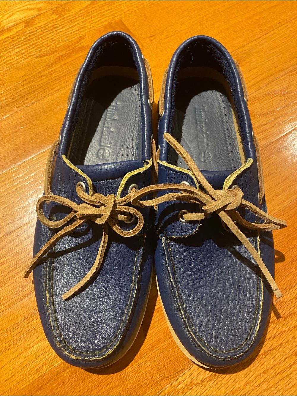 Timberland Men's Navy Leather Boat Shoes with Tan Laces